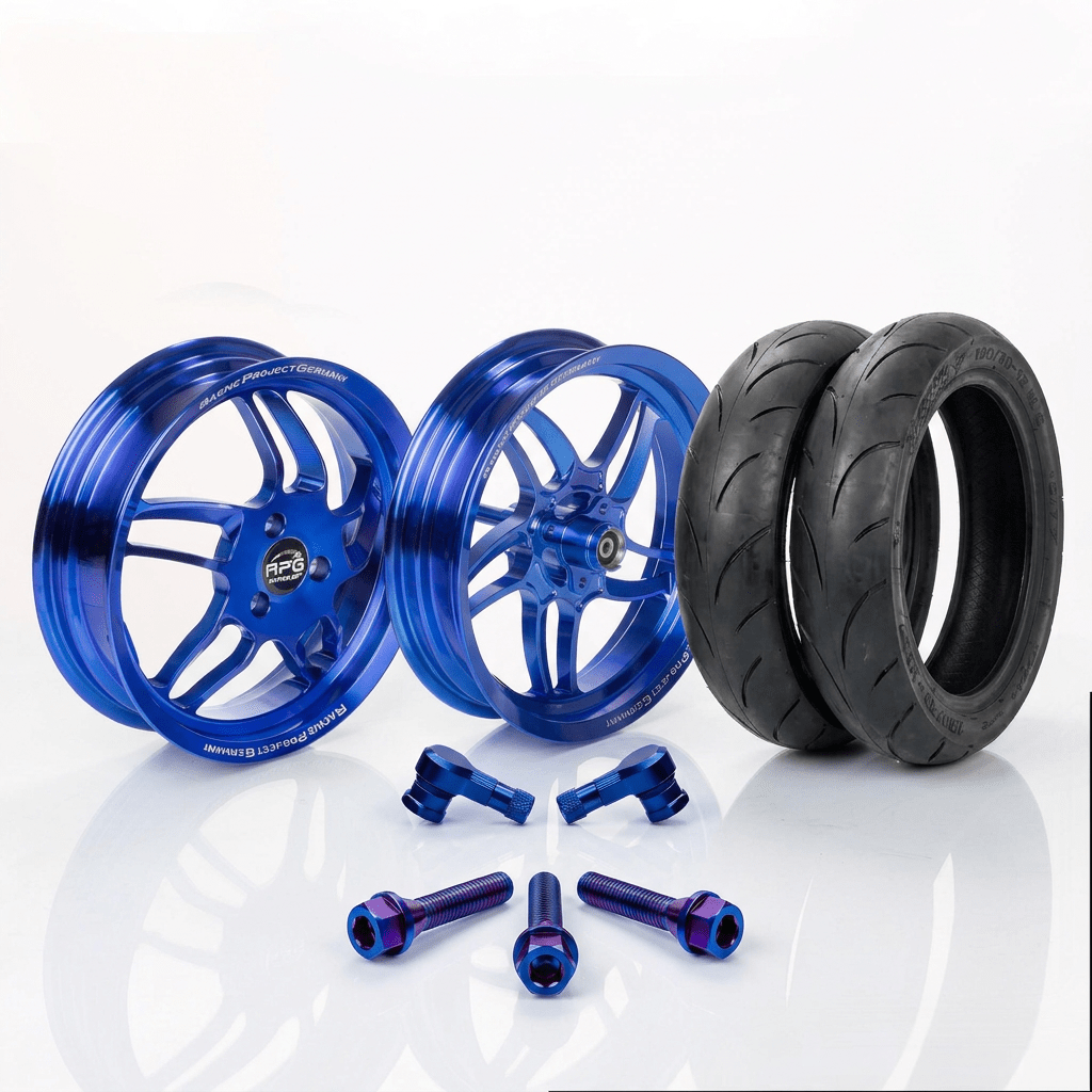 CNC Felgen Set + Semi Slick Reifen Yamaha AeroxRacingProjectGermanyFelgeBlauBlauAerox Reifen 13 ZollCNC FelgenFelgen Set 13 Zoll