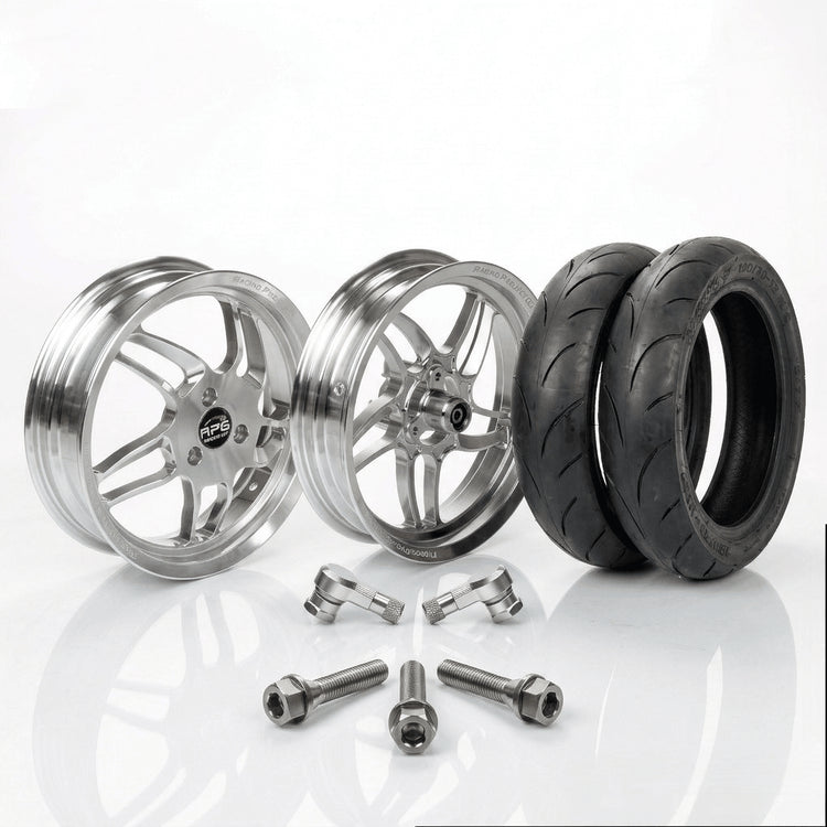 CNC Felgen Set + Semi Slick Reifen Yamaha AeroxRacingProjectGermanyFelgeSilberBlauAerox Reifen 13 ZollCNC FelgenFelgen Set 13 Zoll