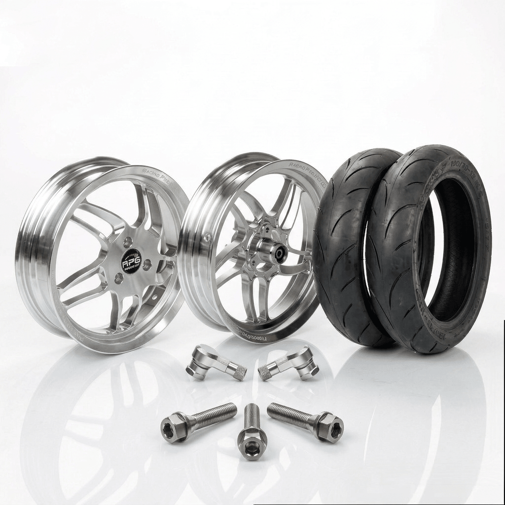 CNC Felgen Set + Semi Slick Reifen Yamaha AeroxRacingProjectGermanyFelgeSilberBlauAerox Reifen 13 ZollCNC FelgenFelgen Set 13 Zoll