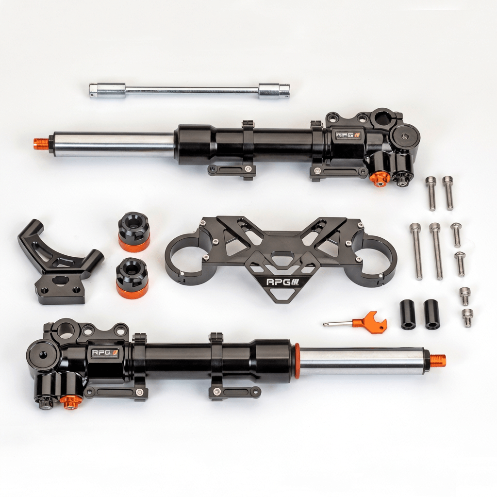 Komplettset: Gabelholme 30mm Voll - Einstellbar, CNC - Yamaha Aerox / UniversellRacingProjectGermanyGabelOrangeOrangeSchwarz *limitiert*4 - Kolben BremssattelAerox Racing PartsAerox Tuning